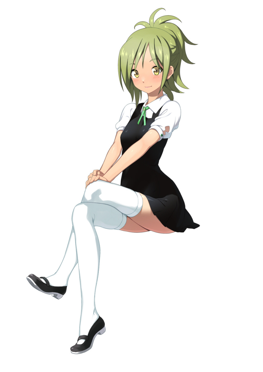 crossed_legs, dress, green_hair, highres, mary_janes, original, ponytail, shinya_(artist)