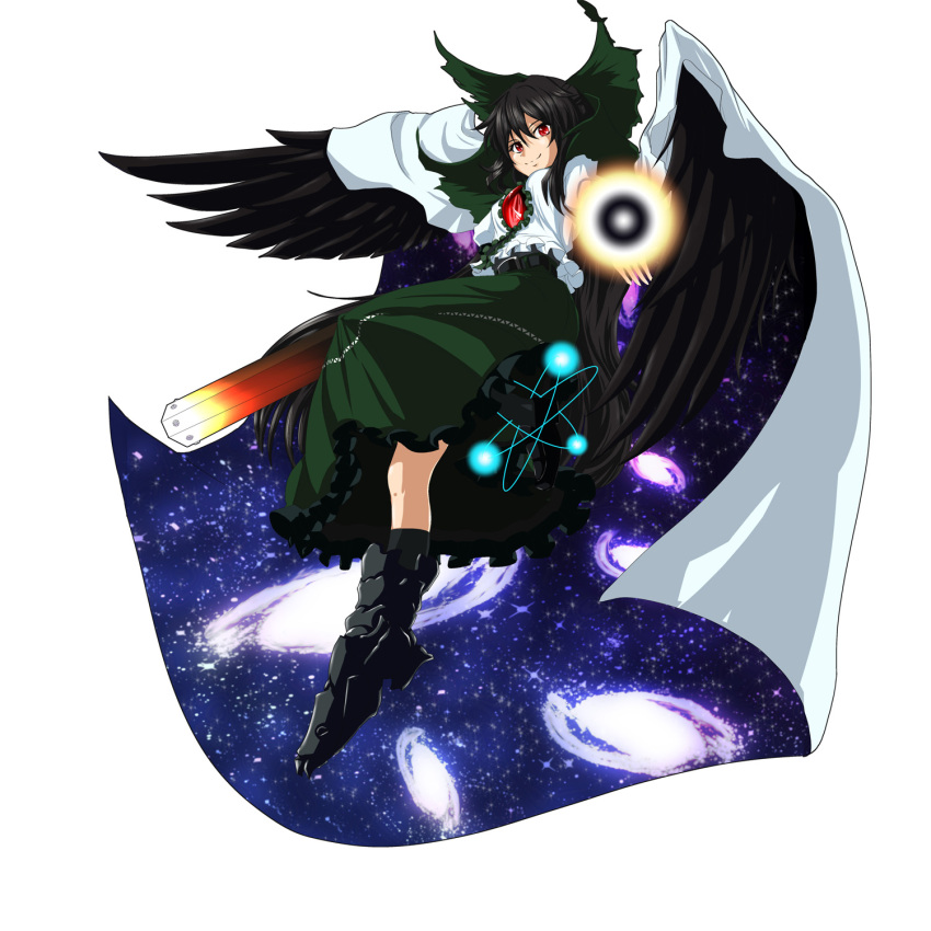 1girl, arm_cannon, bird_wings, black_hair, black_wings, bow, cape, energy_ball