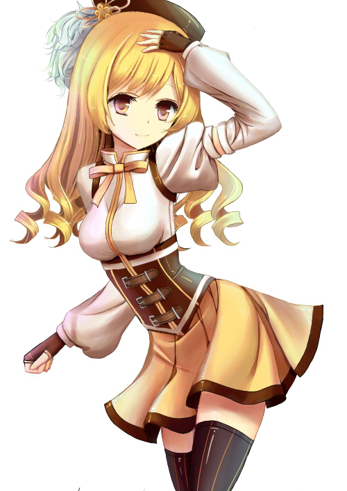 1girl, alternate_hairstyle, bibieko, blonde_hair, bow, breasts, buckle, drill_hair, elbow_gloves, fingerless_gloves, gloves, hair_down, hair_ornament, hat, long_hair, magical_girl, mahou_shoujo_madoka_magica, puffy_sleeves, ribbon, skirt, smile, solo, thigh-highs, tomoe_mami, vertical-striped_legwear, vertical_stripes