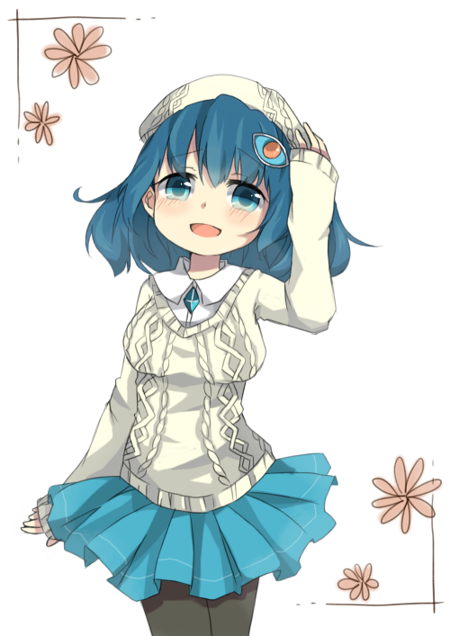 1girl, alternate_costume, ao_no_rupika, aqua_eyes, beatmania, beatmania_iidx, bemani, blue_hair, blush, flower, hair_ornament, hat, kawachi_(hina), looking_at_viewer, open_mouth, skirt, smile, solo