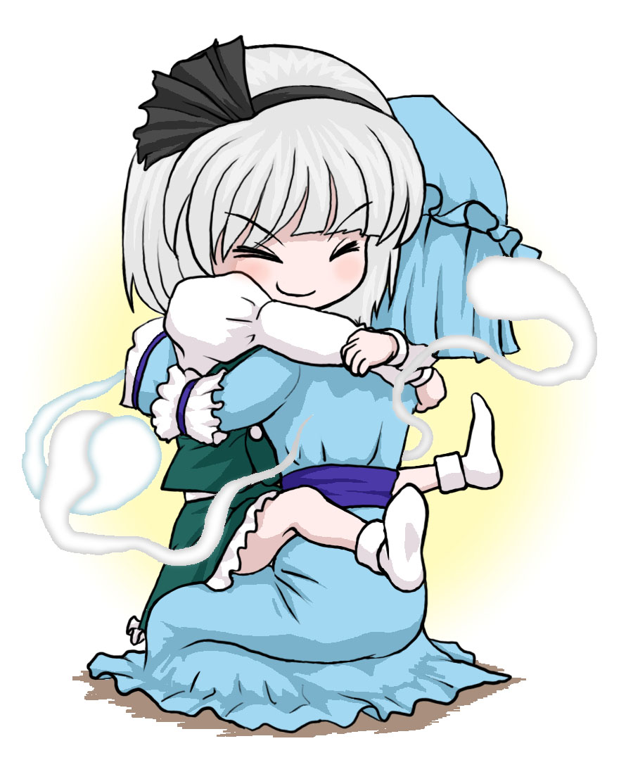 2girls, blush, closed_eyes, gon435, hairband, hitodama, hug, konpaku_youmu, multiple_girls, saigyouji_yuyuko, short_hair, silver_hair, touhou
