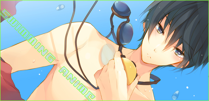 1boy, black_hair, enomoto_hina, free!, goggles, kyoto_animation_cm, male, nanase_haruka_(free!)