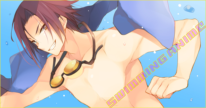 1boy, brown_eyes, brown_hair, enomoto_hina, free!, goggles, grin, kyoto_animation_cm