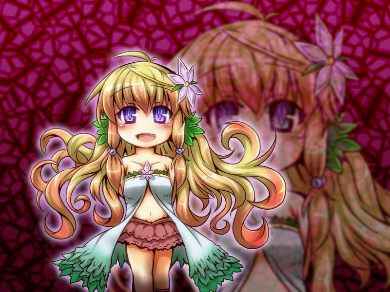 1girl, ahoge, blonde_hair, duel_monster, flower, gradient_hair, hair_bobbles, hair_ornament, kazura_the_mesmerizing_maneater, long_hair, midriff, multicolored_hair, orange_hair, plant, skirt, solo, sore_(whirlwind), violet_eyes, yuu-gi-ou, zoom_layer
