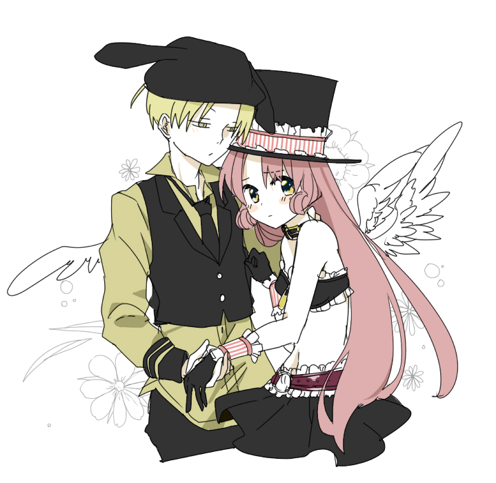 1boy, 1girl, angel_wings, blonde_hair, blush, full_moon_wo_sagashite, gloves, hashimochi, holding_hands, izumi_rio, long_hair, meroko_yui, midriff, pink_hair, short_hair, skirt, wings, wrist_cuffs, yellow_eyes