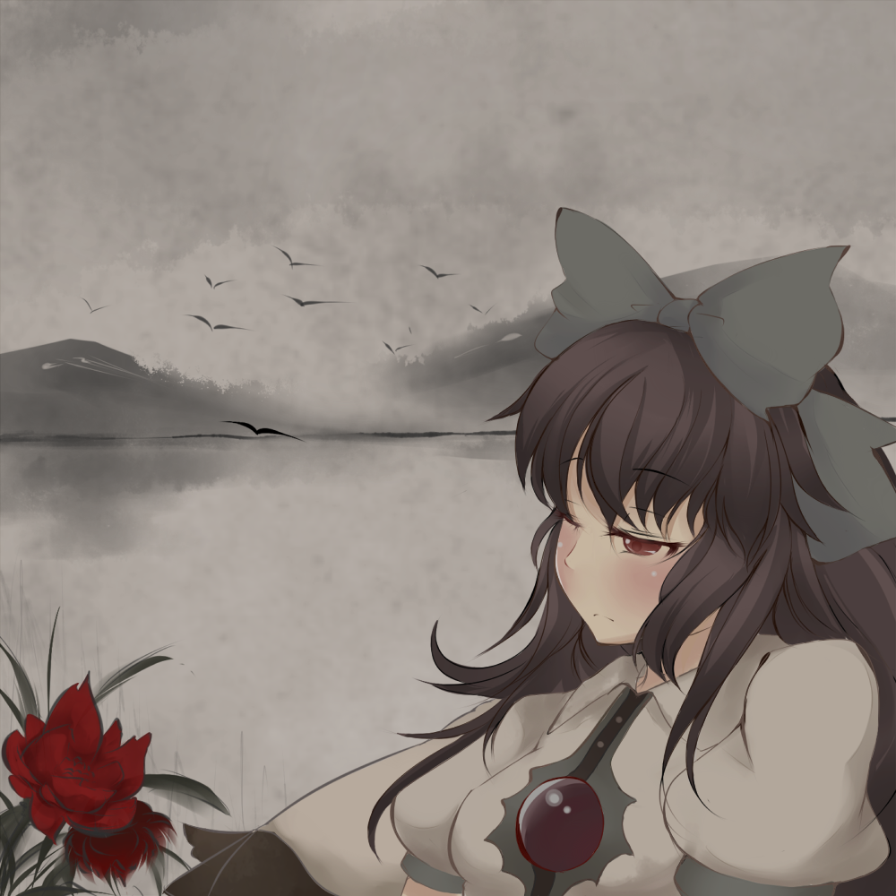 black_hair, blush, bow, flower, hair_bow, red_eyes, reiuji_utsuho, solo