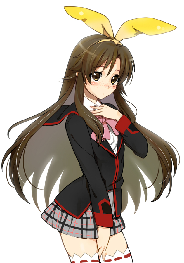 1boy, brown_eyes, brown_hair, crossdressinging, hair_ribbon, jamijami, little_busters!!, long_hair, naoe_riki, ribbon, school_uniform, short_hair, thigh-highs, trap