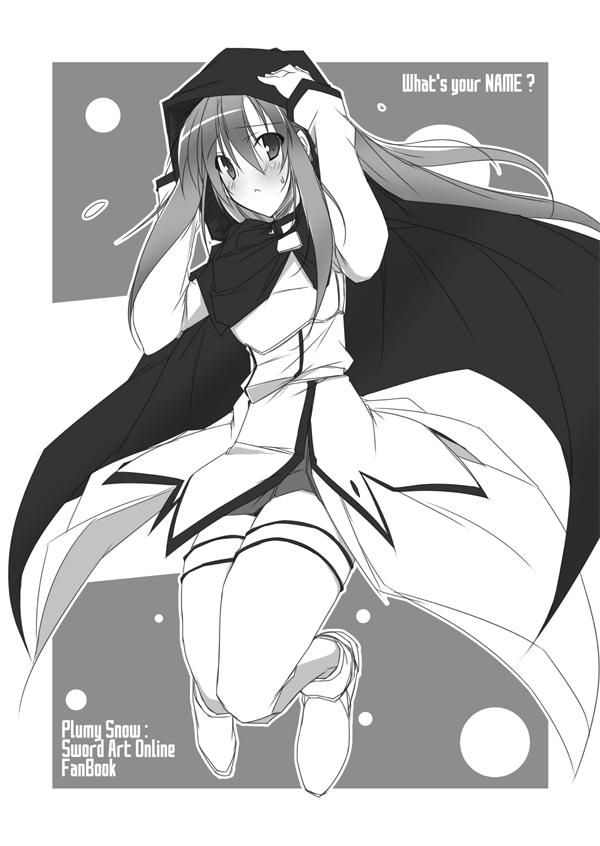1girl, asuna_(sao), cape, hood, long_hair, monochrome, sword_art_online, thigh-highs