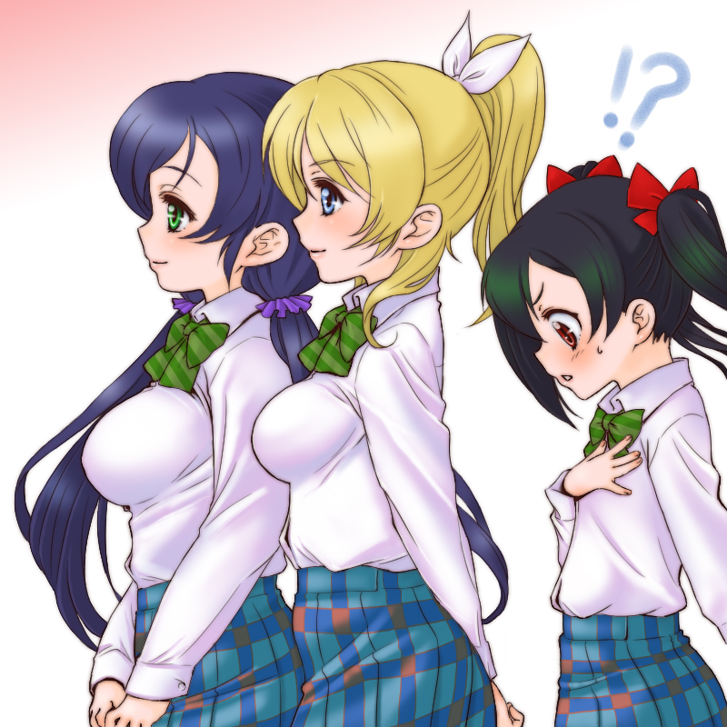 !?, 3girls, ayase_eli, black_hair, blue_eyes, blush, bow, breast_envy, breasts, dress_shirt, flat_chest, green_eyes, hair_bow, large_breasts, long_hair, love_live!_school_idol_project, multiple_girls, profile, red_eyes, school_uniform, shinanoya_(satanicad), shirt, skirt, smile, toujou_nozomi, twintails, yazawa_nico