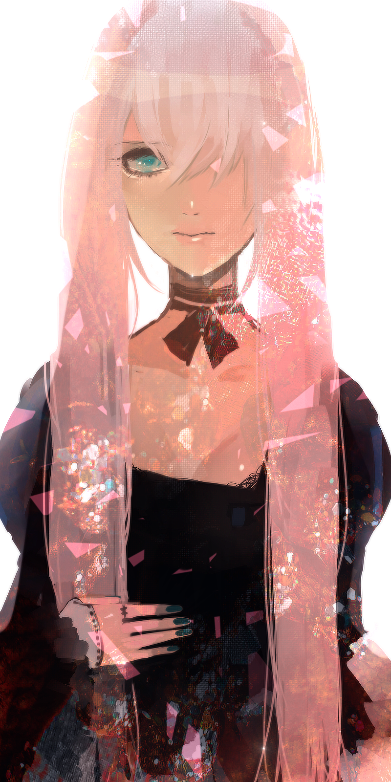 1girl, blue_eyes, choker, hair_over_one_eye, hebi, highres, long_hair, megurine_luka