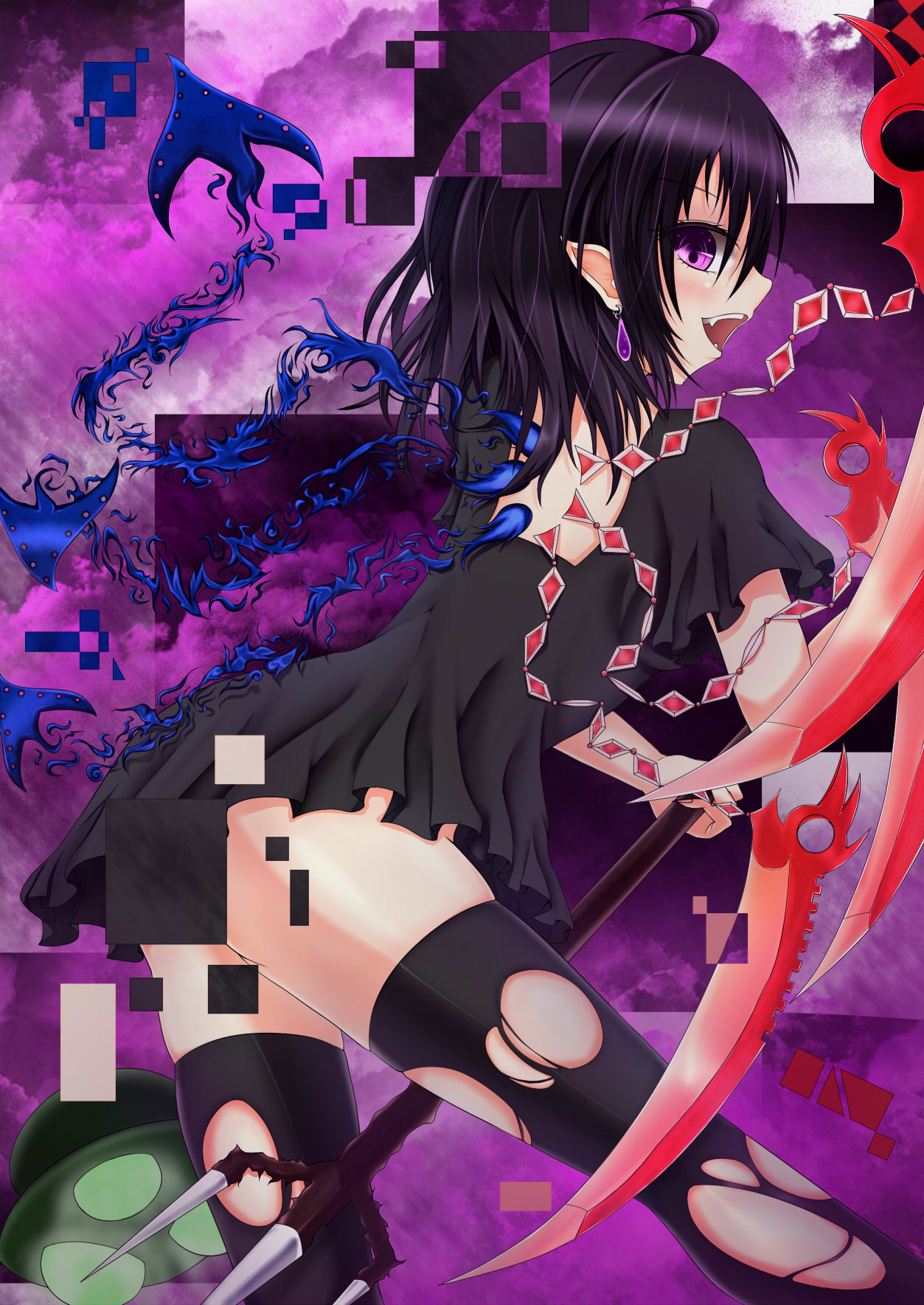 1girl, ahoge, asymmetrical_wings, backless, black_hair, clouds, disintegration, dress