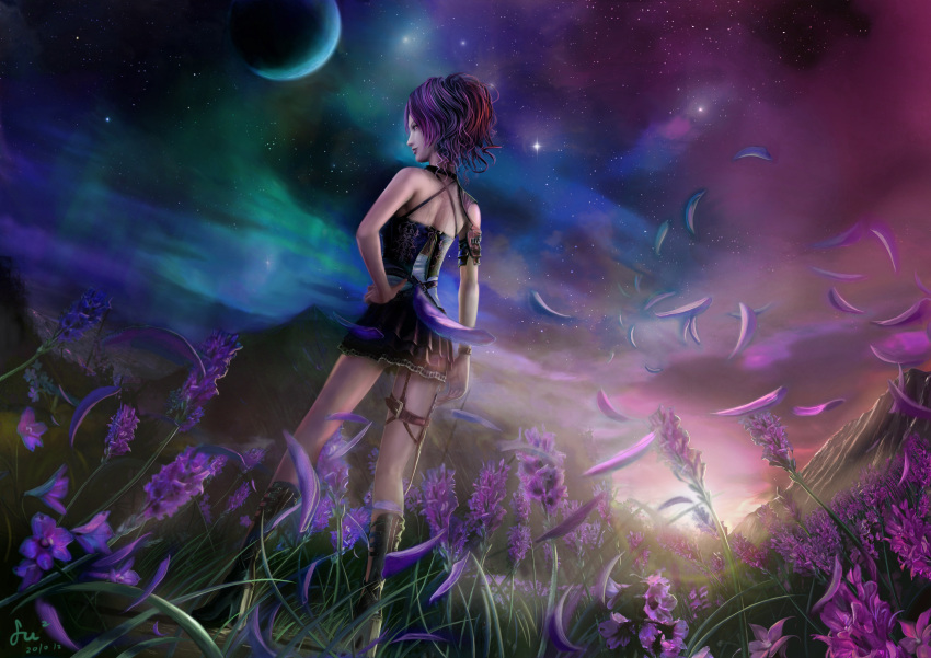 1girl, absurdres, armor, armored_dress, aurora, boots, flower, from_behind