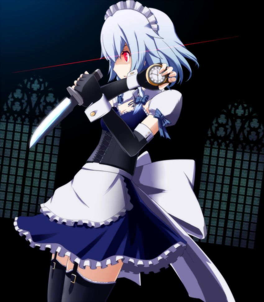 1girl, apron, black_legwear, bow, breasts, cleavage, corset, dress