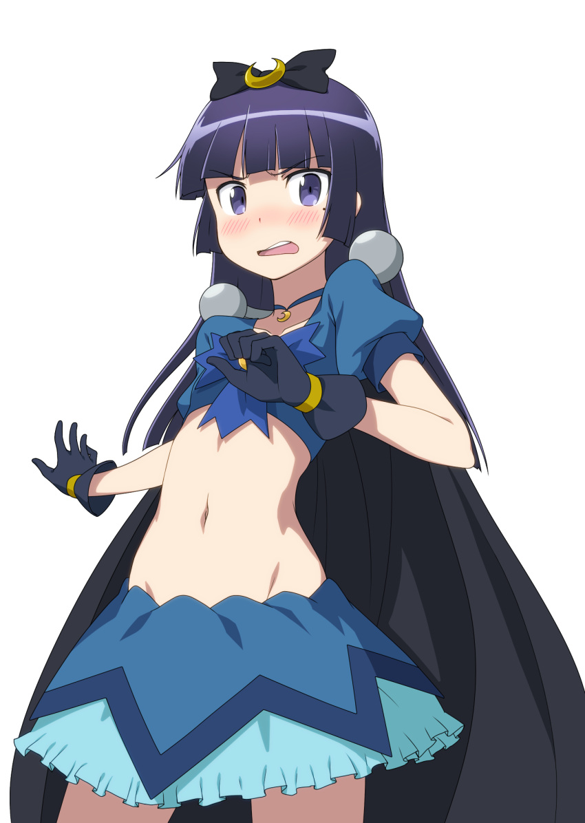 alpha_omega, alpha_omega_(cosplay), black_hair, blue_eyes, cape, cosplay, gloves, gokou_ruri, highres, hoshikuzu_witch_meruru, long_hair, midiman, midriff, ore_no_imouto_ga_konna_ni_kawaii_wake_ga_nai