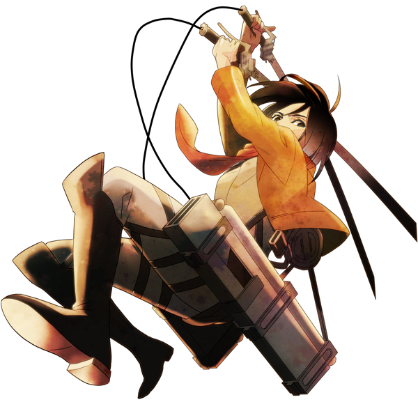 1girl, black_eyes, black_hair, boots, dual_wielding, jacket, mikasa_ackerman, scarf, shingeki_no_kyojin, short_hair, solo, suzukingyo, sword, weapon