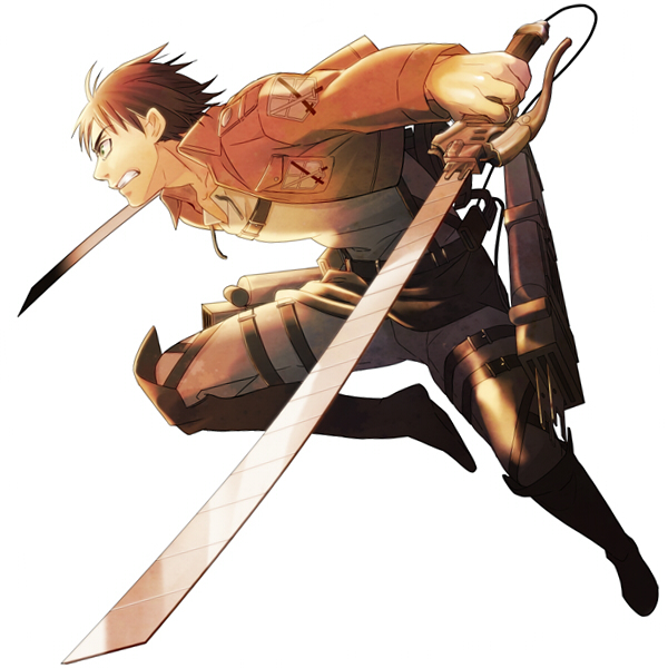 1boy, black_hair, boots, dual_wielding, eren_jaeger, jacket, shingeki_no_kyojin, solo