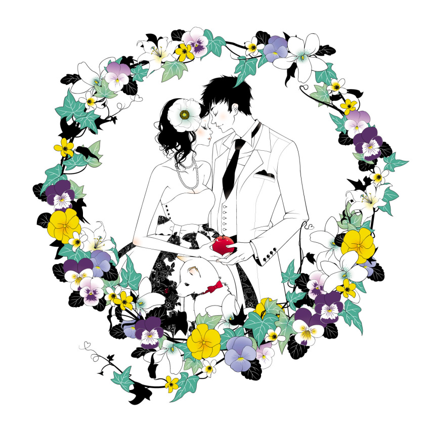 bad_id, breasts, bride, cleavage, dog, dress, flower, food
