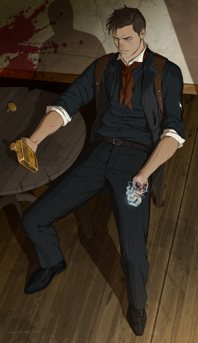 1boy, ascot, bioshock, bioshock_infinite, blood, blue_eyes, booker_dewitt, bottle