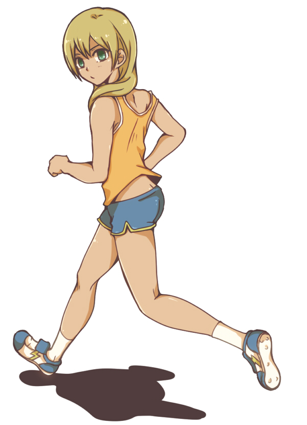 1boy, androgynous, ass, blonde_hair, from_behind, green_eyes, inazuma_eleven, inazuma_eleven_(series), male, miyasaka_ryou, pogemi, running, short_shorts, shorts, tank_top