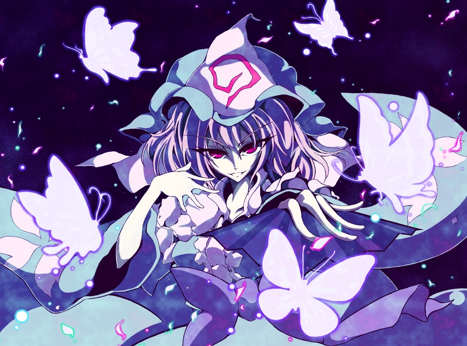 1girl, butterfly, hat, japanese_clothes, pink_hair, red_eyes, saigyouji_yuyuko, sanshirou