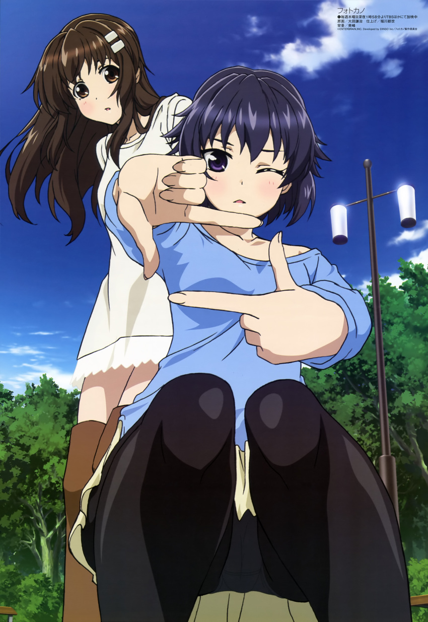 2girls, absurdres, blue_hair, boots, brown_eyes, dress, hair_ornament, hairpin
