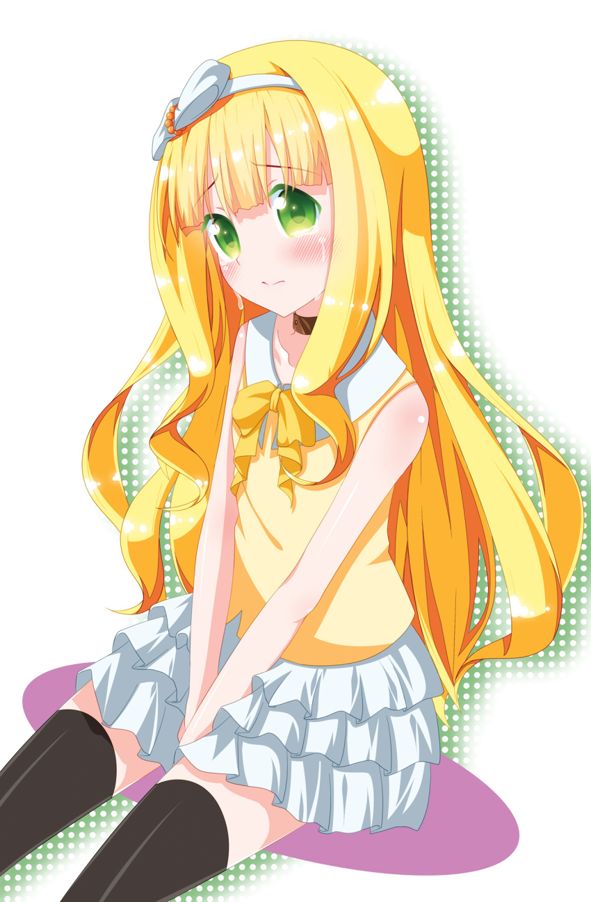1girl, azuki_azusa, black_legwear, blonde_hair, blush, bow, choker, crying
