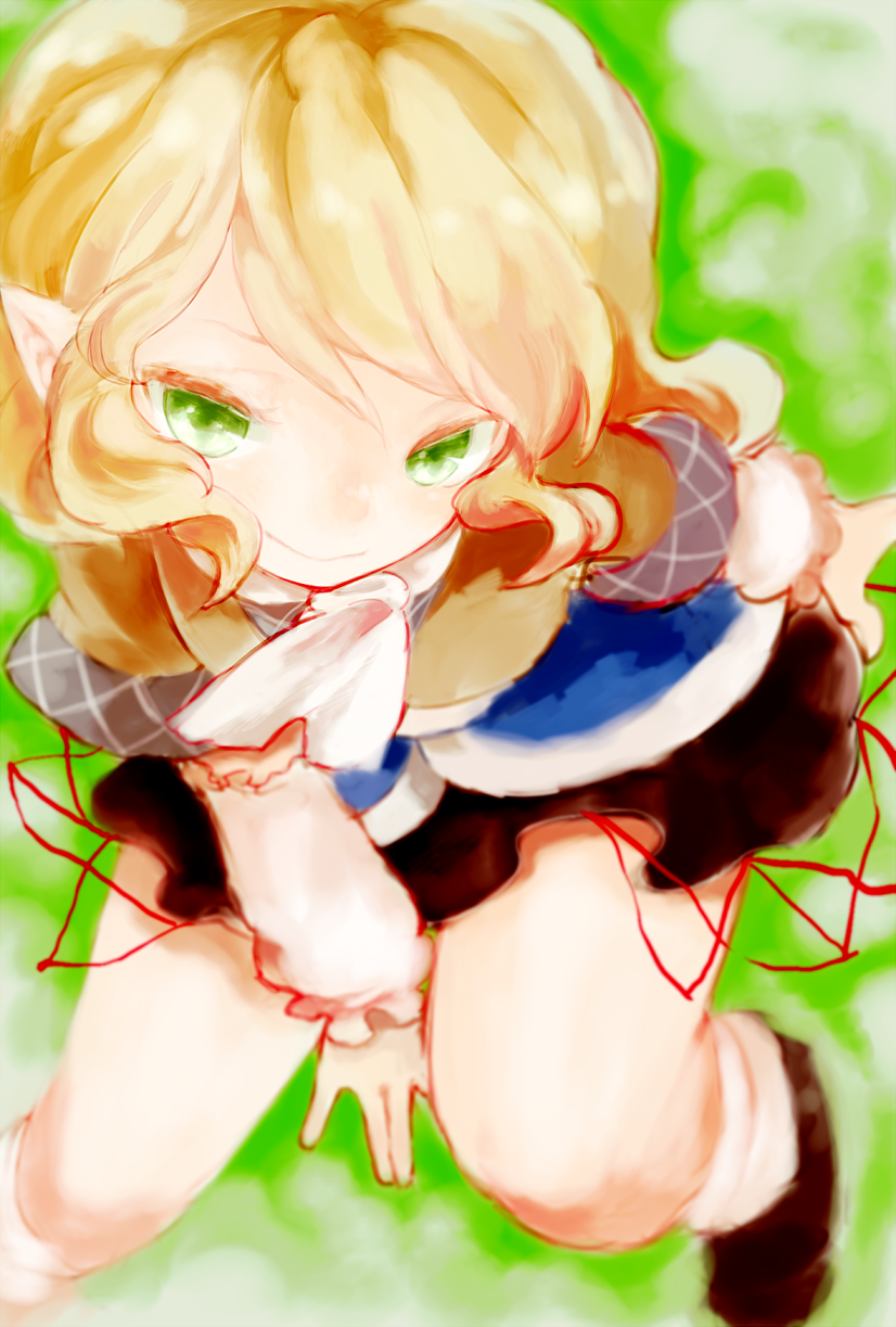 1girl, arm_warmers, between_legs, blonde_hair, blurry, emutsu, from_above, green_eyes