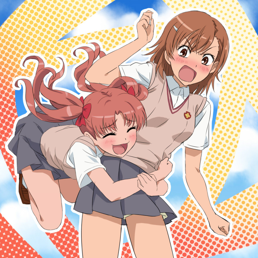 2girls, brown_eyes, brown_hair, hug, kagero_(plusup), long_hair, misaka_mikoto, multiple_girls