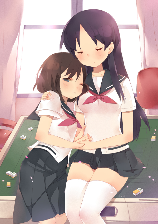 2girls, blue_eyes, blush, catsizuru, closed_eyes, curtains, holding_hands, long_hair