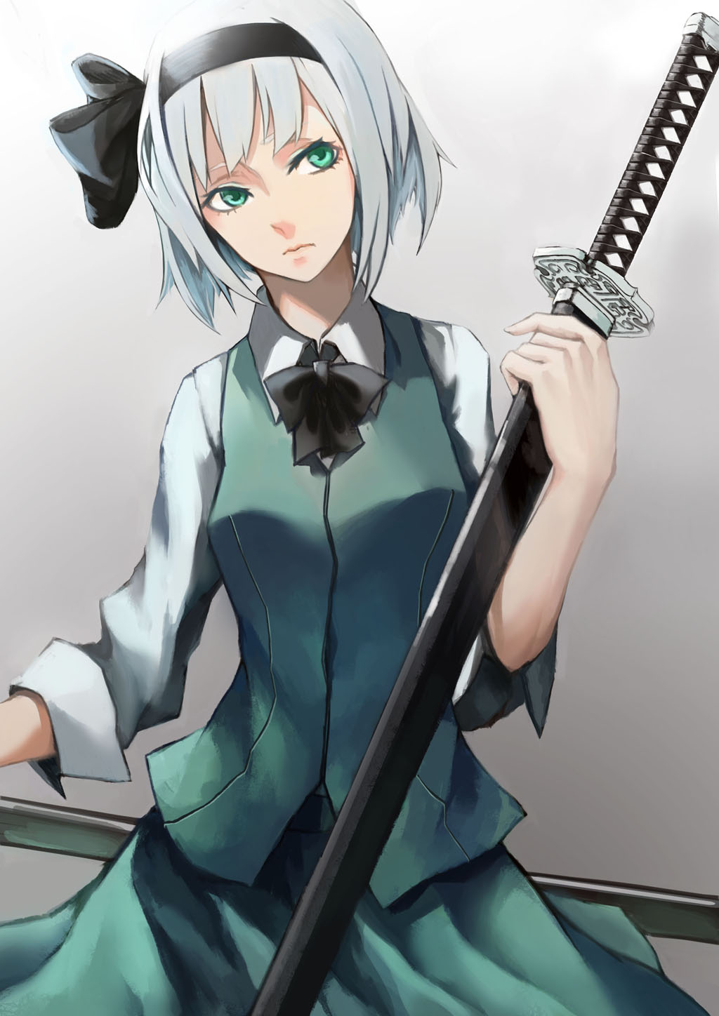 1girl, averted_eyes, bow, gradient, gradient_background, green_eyes, grey_background, hair_ribbon