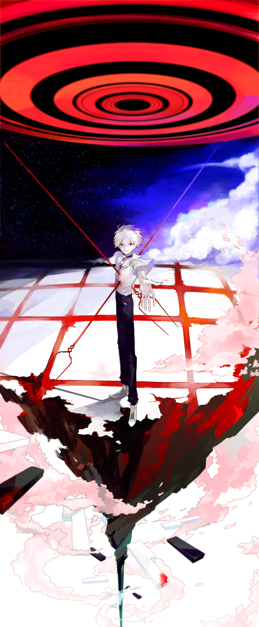 1boy, absurdres, blood, cherry_blossoms, choker, clouds, evangelion:_3.0_you_can_(not)_redo, highres
