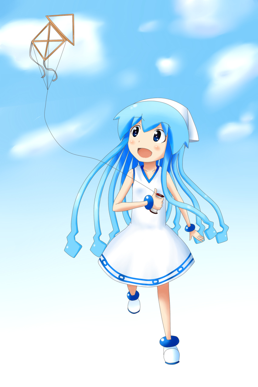 1girl, blue_eyes, blue_hair, dress, hat, highres, ikamusume, k.u.n.e.