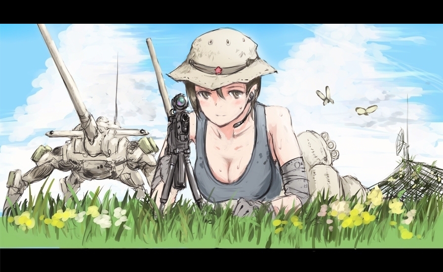 1girl, artillery, bipod, boonie_hat, breasts, brown_eyes, brown_hair, butterfly