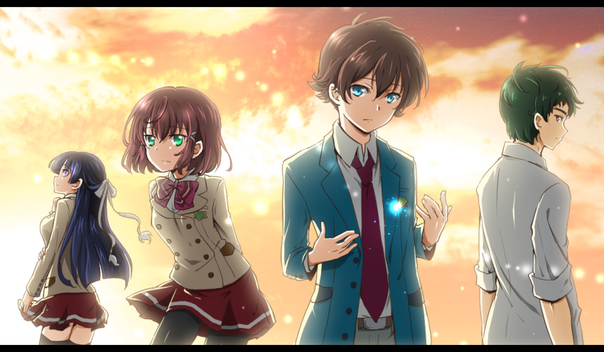 2boys, 2girls, black_legwear, blue_eyes, blue_hair, brown_hair, clouds, green_eyes