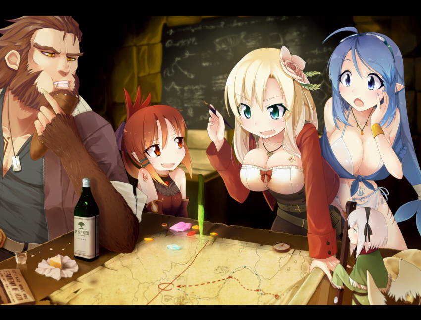 1boy, 4girls, ahoge, beard, belt, bikini, blue_eyes, blush