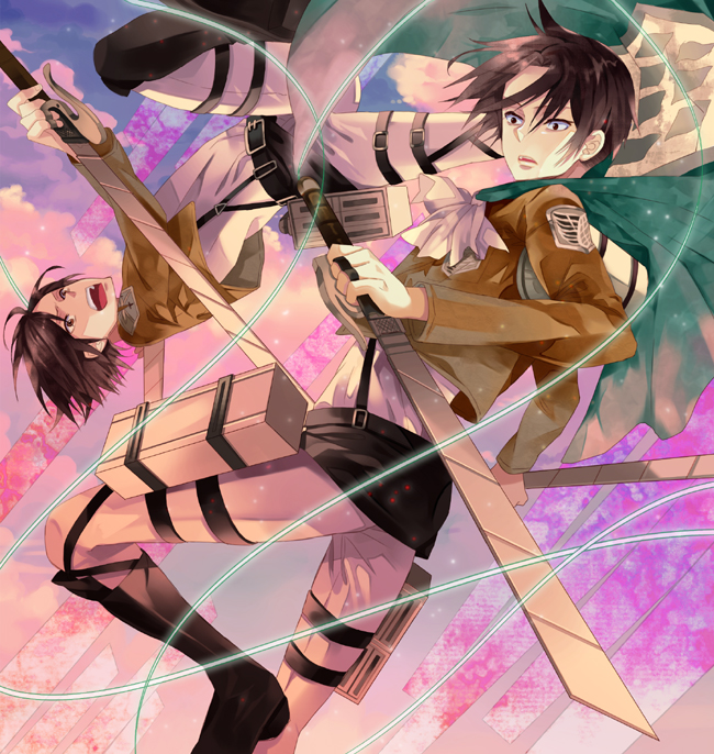 1boy, 2boys, ascot, belt, black_eyes, black_hair, boots, cape