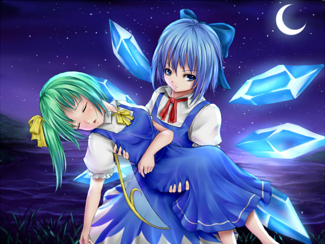 2girls, :o, blue_eyes, blue_hair, carrying, cirno, crescent_moon, daiyousei