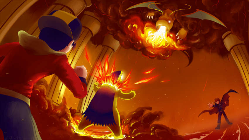 2boys, aoiro_no_kaze, blue_hair, cape, dragonite, fangs, fire, flying