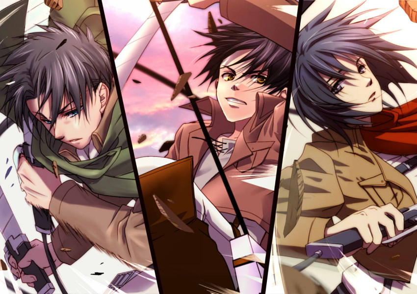 1girl, 2boys, black_eyes, black_hair, blue_eyes, brown_eyes, eren_jaeger, fujiwara_system