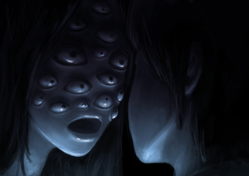 1boy, 1girl, creepy, dark, darkness, eyes, highres, ioio_ontop