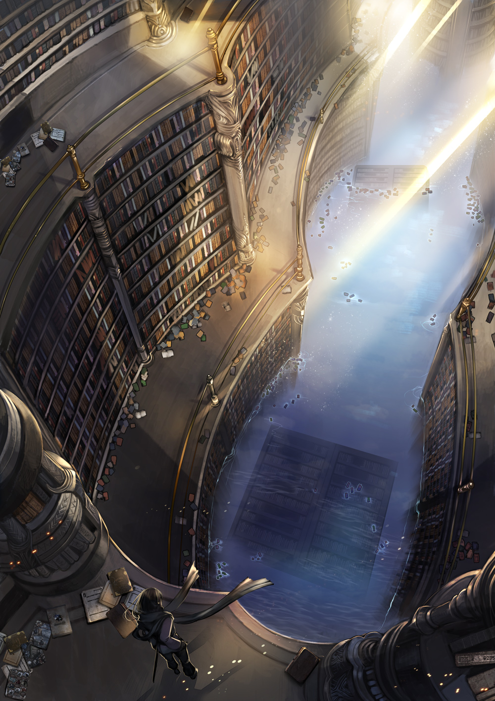 book, bookshelf, highres, library, pixiv_fantasia, pixiv_fantasia_new_world, scarf, sheath