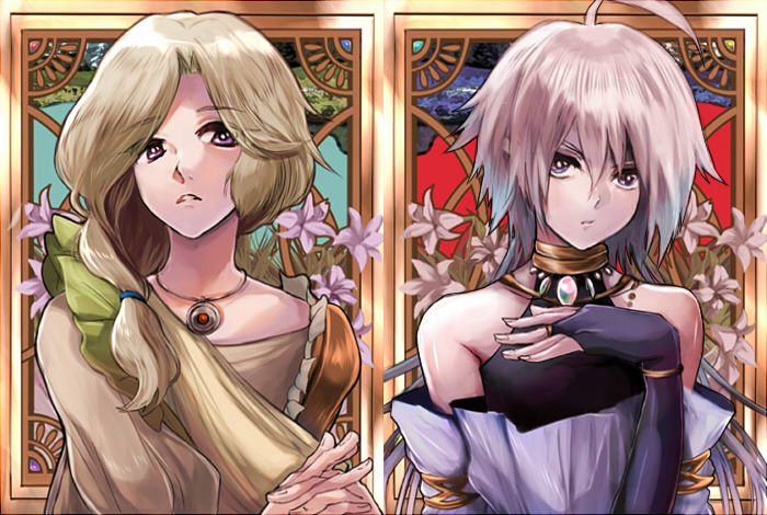 2girls, ahoge, bare_shoulders, blonde_hair, bridal_gauntlets, flower, jewelry, lily_(flower), multiple_girls, necklace, pixiv_fantasia, pixiv_fantasia_new_world, silver_hair, tsunnosuke