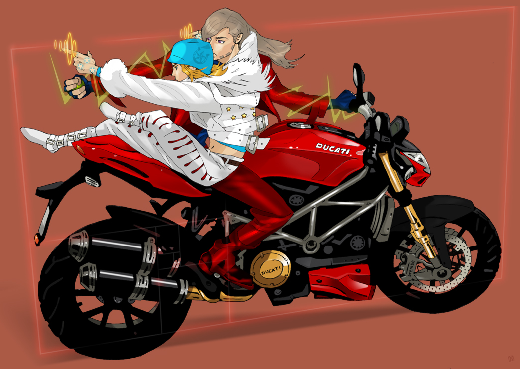 ball, beard, blonde_hair, bodysuit, brown_hair, facial_hair, gyro_zeppeli, johnny_joestar, jojo_no_kimyou_na_bouken, long_hair, motor_vehicle, motorcycle, sorayasaga, steel_ball_run, vehicle