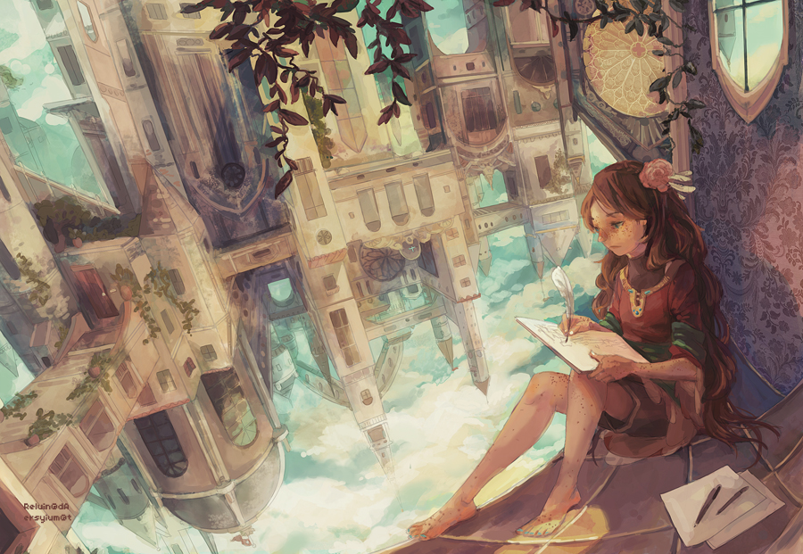 1girl, blue_eyes, brown_hair, building, leaf, long_hair, original, paper