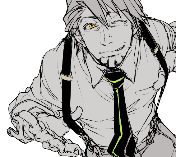 1boy, facial_hair, kaburagi_t_kotetsu, male, necktie, smile, solo, spot_color
