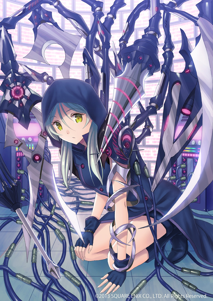 1girl, arm_support, boots, drill, fingerless_gloves, galaxy_dungeon, gloves, hand_on_lap, hooded_jacket, kichiroku, kneeling, leaning_forward, long_coat, scissors, screwdriver, scythe, short_shorts, shorts, sitting, square_enix, weapon, weapon_harness, white_hair, wire, yellow_eyes
