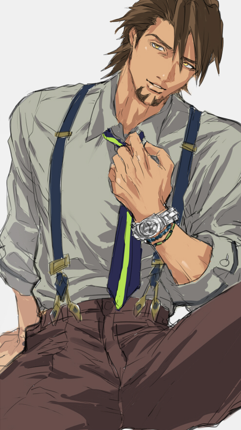 1boy, adjusting_tie, brown_hair, facial_hair, kaburagi_t_kotetsu, male, necktie, sitting