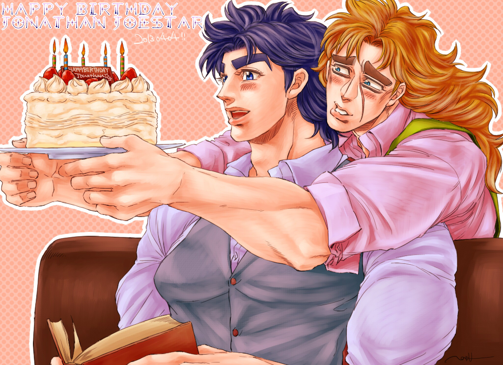 2boys, apron, birthday_cake, blonde_hair, blue_eyes, blue_hair, blush, cake