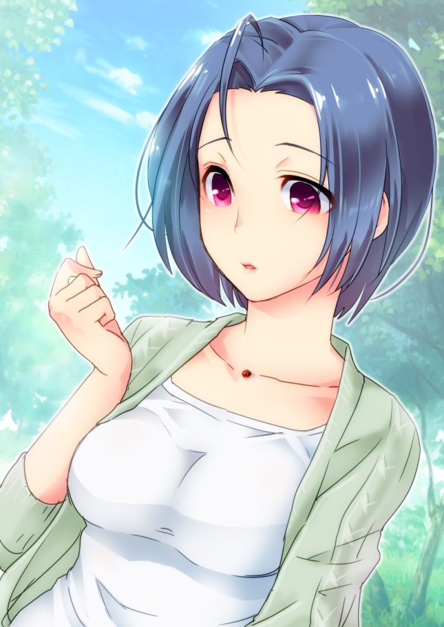 1girl, blue_hair, dutch_angle, idolmaster, insect, kawai_fuguri, ladybug, miura_azusa, parted_lips, pink_eyes, short_hair, solo
