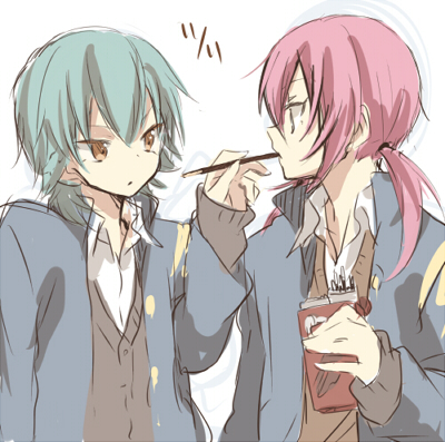 2boys, blue_hair, gakuran, inazuma_eleven_(series), inazuma_eleven_go, izumi39, kariya_masaki, kirino_ranmaru
